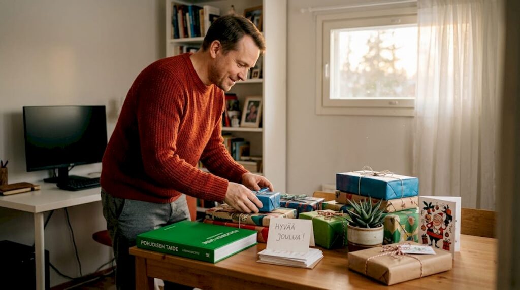 Mies järjestelee joululahjoja nykyaikaisessa toimistossa.