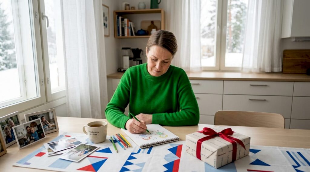 Nainen suunnittelee pöydän ääressä perheelle ainutlaatuista lahjaa.