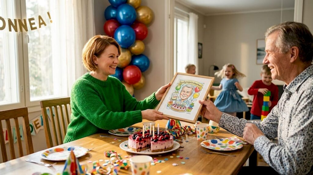 Synttärijuhlissa perhe antaa lahjaksi hauskan pilapiirroksen sankarista.