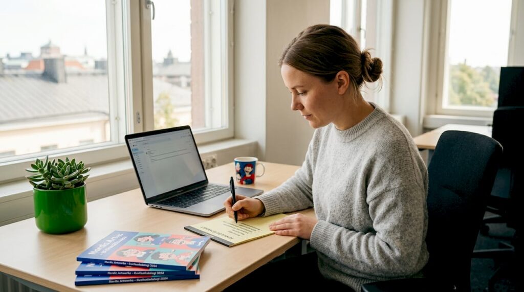 Nainen valmistelee yrityksen henkilöstölle lahjatilausta.