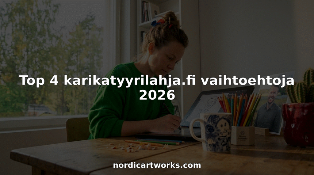 Aamun rauhassa keittiön pöydän ääressä taiteilija luonnostelee pilapiirrosta.