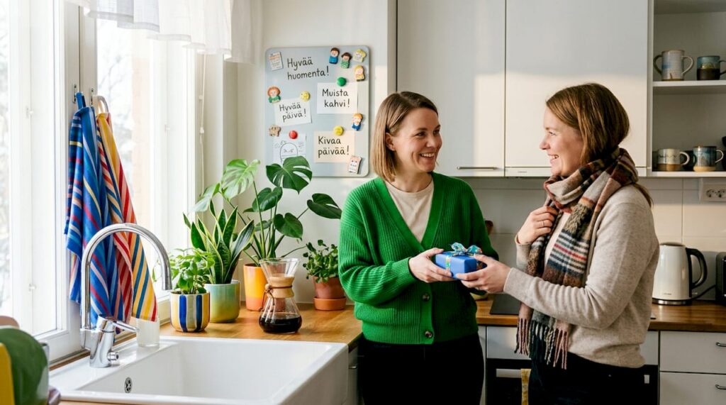 Nainen ojentaa henkilökohtaisen lahjan ystävälleen tämän asunnon ovella.