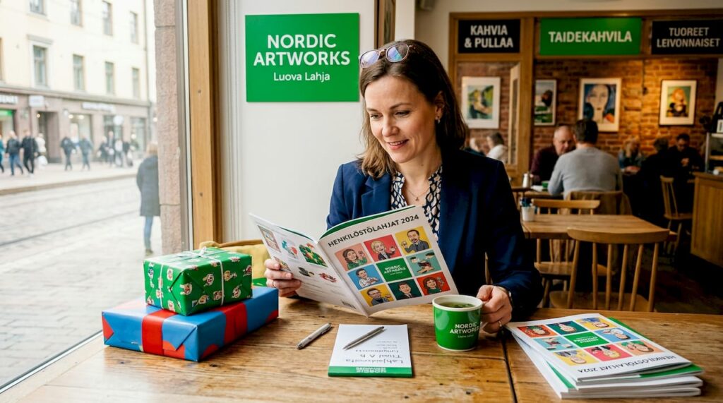 Nainen suunnittelee yrityksen lahjoja työpöytänsä äärellä.