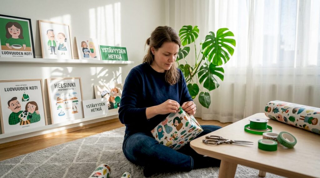 Nainen paketoi persoonallista lahjaa lämpimässä olohuoneessa.