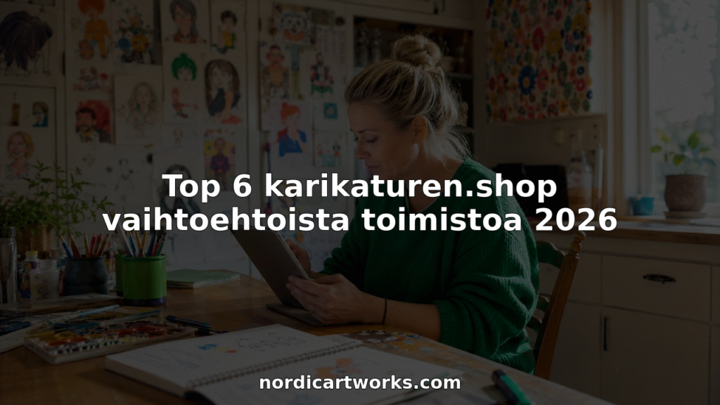 Nainen vertailee karikatyyripalveluita kotitoimistossaan.