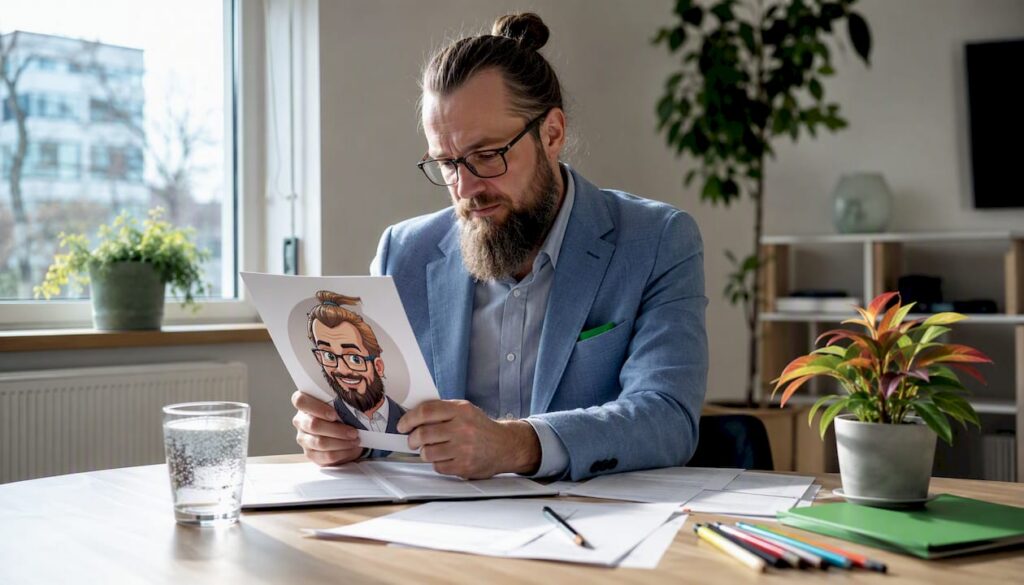 HR-ammattilainen tutkii työpöytänsä ääressä pilapiirrosta