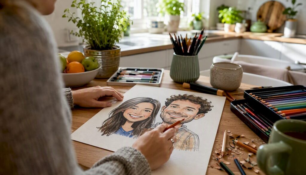Käsin väritetty karikatyyrimuotokuva muistoksi